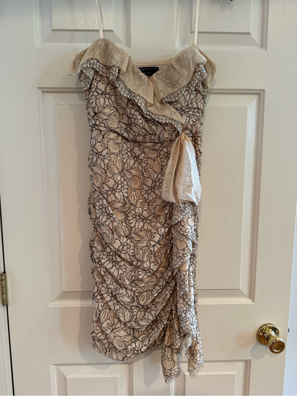 BCBGMaxAzria Beige Lace One-Shoulder Ruffle Dress